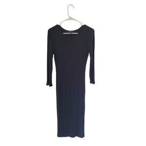 Forever 21 Black Ribbed Knit Bodycon Midi Dress Long‎ Sleeve Minimalist L #2